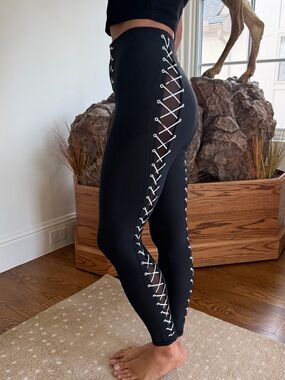 Adam Selman Sport Lace-Up Leggings, Black, small NWOT